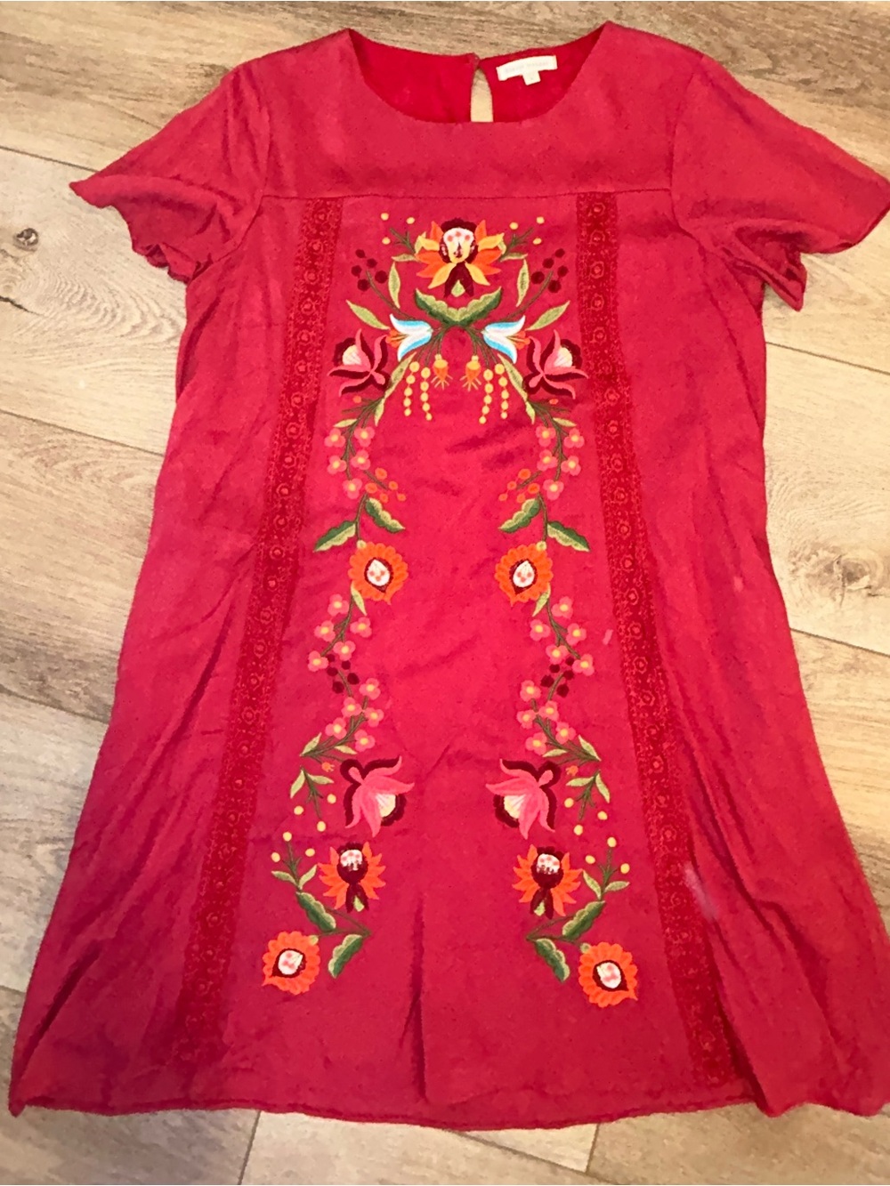Stevie Hender Red Boho Embroidered Floral Shift Dress lined pocket Large